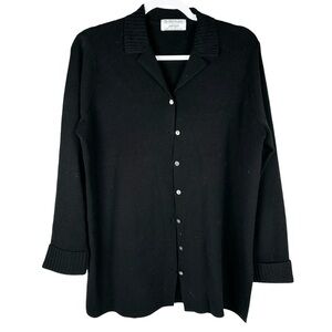 Lord & Taylor Vintage Black Merino Wool Collared Button Up Sweater Petite Large